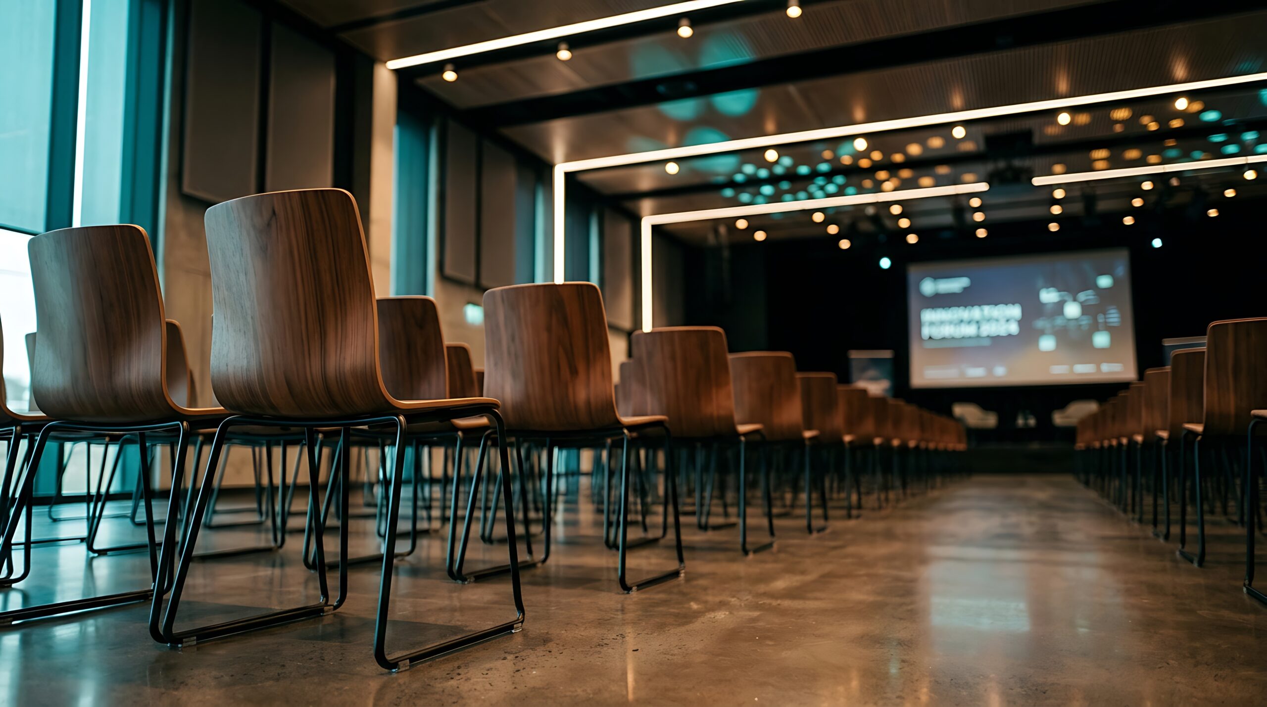 Kallelse till årsstämma empty conference chairs in modern seminar hall with screen for corporate event marketing